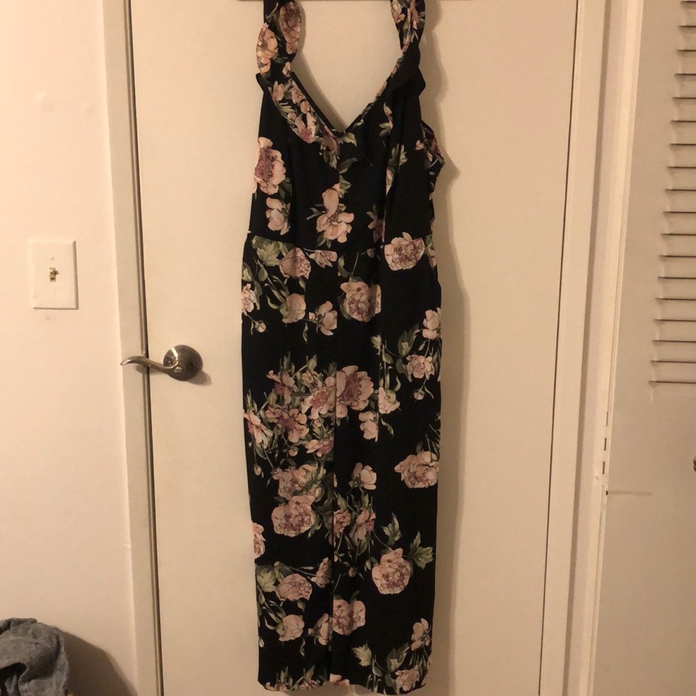 Black and floral ruffle strap jumpsuit